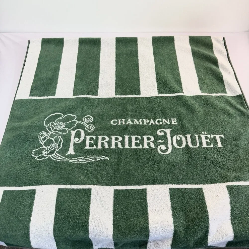 Vintage Perrier Jouet Champagne Green White Bath Beach Towel USA Made 66x30
